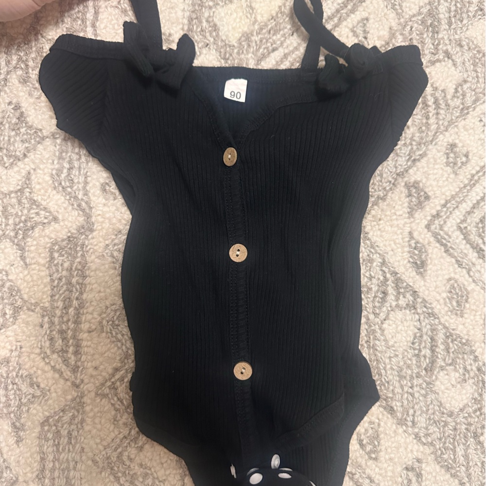 Black Button-Up Baby Onesie & Cow Print Pants/ headband